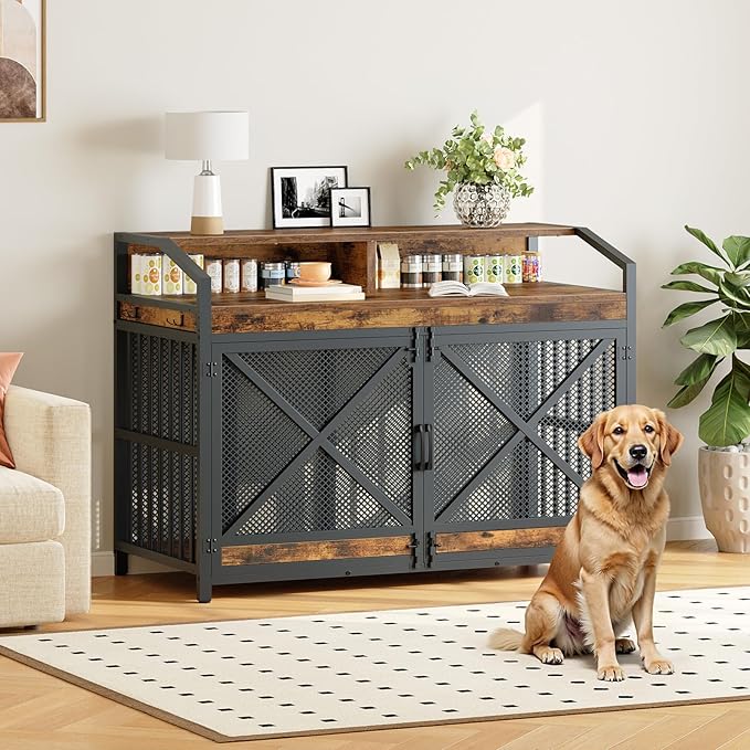 HOOBRO 43.3" Dog Crate Furniture, Heavy Duty Dog Kennel Indoor with Storage Shelves, Wooden Dog Cage with LED Lights, for Medium Large Breed, Rustic Brown and Black BF89DGW03