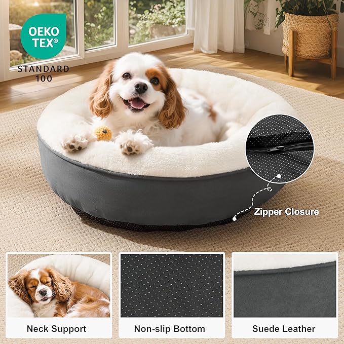 Love's cabin Round Donut Cat and Dog Cushion Bed, 25in Pet Bed for Small or Medium Dogs, Anti-Slip & Water-Resistant Bottom, Soft Durable Fabric Pet Beds, Washable Calming Cat & Dog Bed Dark Grey