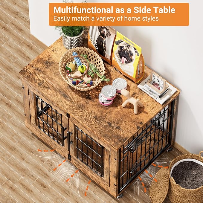 Lulive Dog Crate Furniture Set of 2, Dog Kennel Indoor Double Doors Wooden Dog Cage, 32'' Heavy Duty Dog Crate with Cushion & Wheels, End Table Pet House Chew-Resistant Up to 45 lb, Rustic Brown