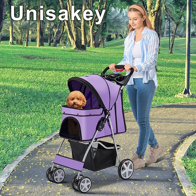 4 Wheels Pet Stroller for Small Medium Dogs Cats 10-33 lbs, Foldable Dog and Cat Stroller with Cup Holder & Storage Basket & Breathable Mesh, Pet Strolling Cart for All-Season, Purple