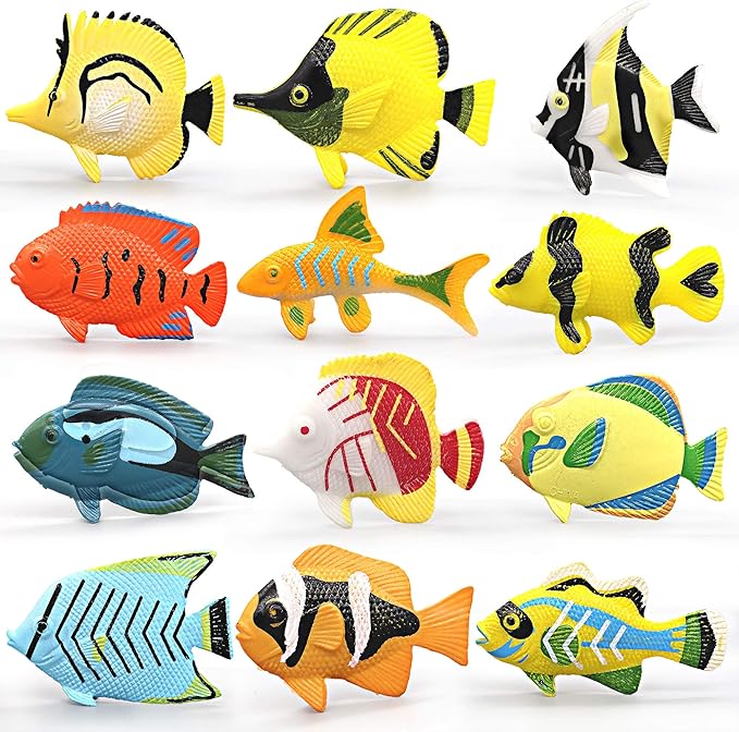 HAPTIME 12PCS Tropical Fish Toys Set, Pastic Cute Sea Life Creatures Learning Educational Toy Party Favors for Boys, Girls, Kids