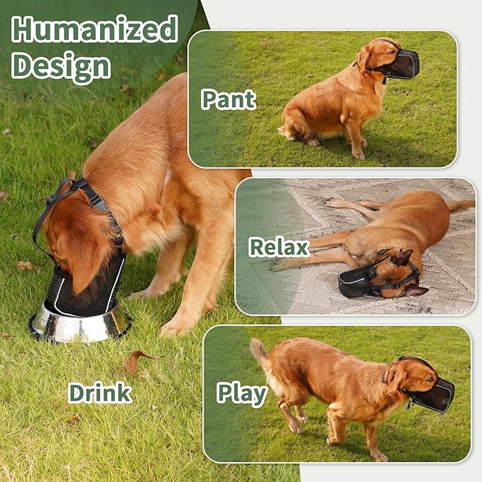 Mayerzon Dog Muzzle, Patented Mesh Muzzle with Panting Room for Large Medium Small Sized Dogs, Soft Mouth Guard to Prevent Biting Eating for Grooming Vet Visit Walking, Reflective and Full Covered
