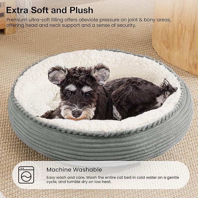 Love's cabin Round Donut Cat and Dog Cushion Bed, 25in Pet Bed for Small or Medium Dogs, Anti-Slip & Water-Resistant Bottom, Soft Durable Fabric Pet Beds, Washable Calming Cat Bed Grey Stripe