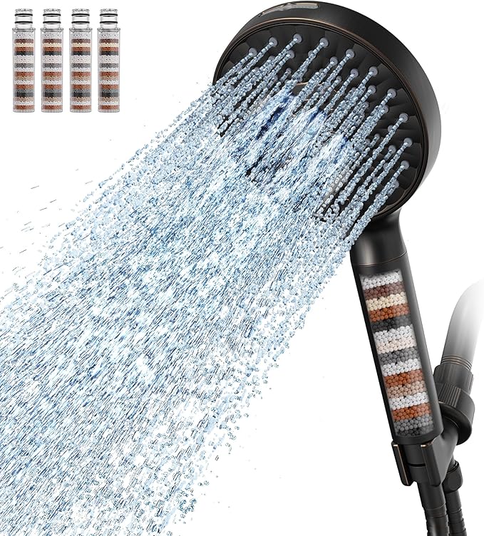 Filtered Shower Head with Handheld, High Pressure 9 Spray Mode ORB Showerhead with 4 Filters, Detachable Shower Head, Water Softener Filters Beads for Hard Water - Remove Chlorine