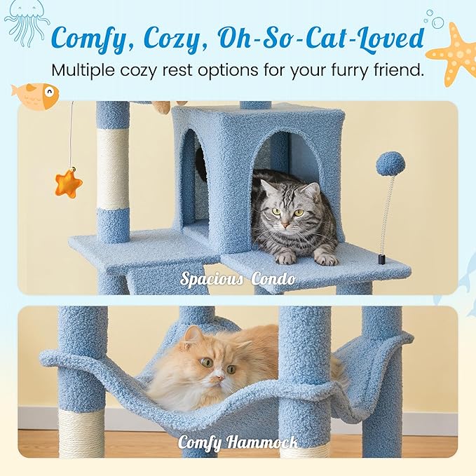 MWPO Ocean-Themed Cat Tree, 70.1-Inch Multi-Level Tall Tower for Indoor Cats, Plush Cat Condo with Big Padded Perches, Sisal-Covered Scratching Posts, Hammock, Toys for Kittens, Blue
