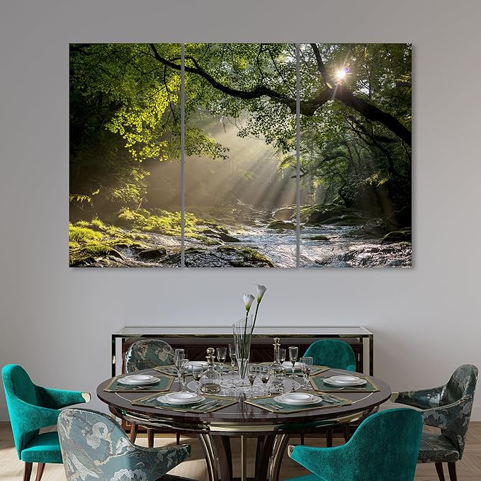 Nature Wall Art Prints - Ocean Forest Mountain Lake Canvas Landscapes - Small to Extra Large Living Room Bedroom Kitchen Bathroom Décor (Rocky River in the Woods, 55L" x 83W"- 3 Panels)