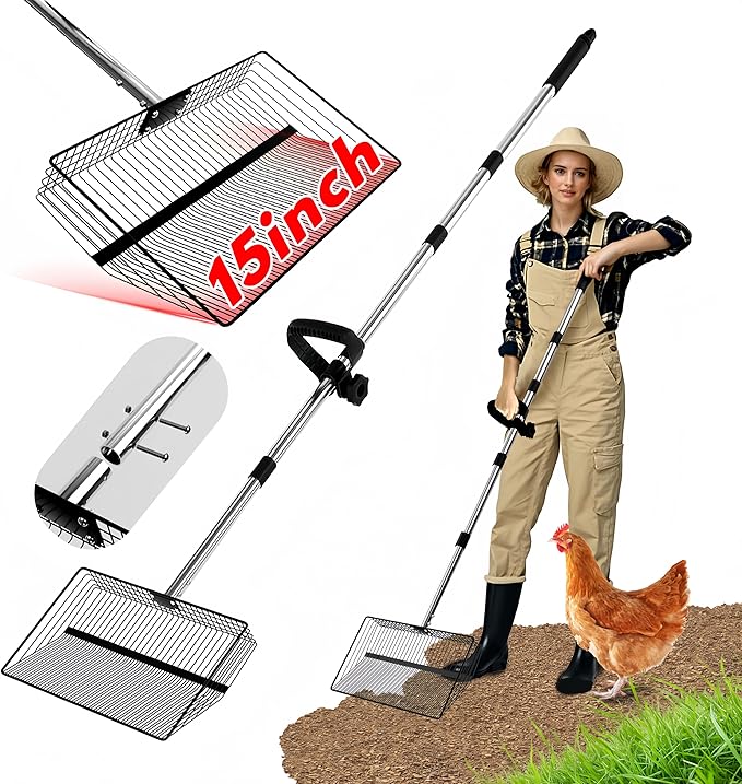 15inch Large Chicken Poop Scooper, 2 Slot Widths (0.16"&0.28"), 39" to 76" Adjustable Stainless Steel Handle, Sifting Litter Shovel for Chicken Coop/Stables/Farm Cleaning(with Effortless Grip)