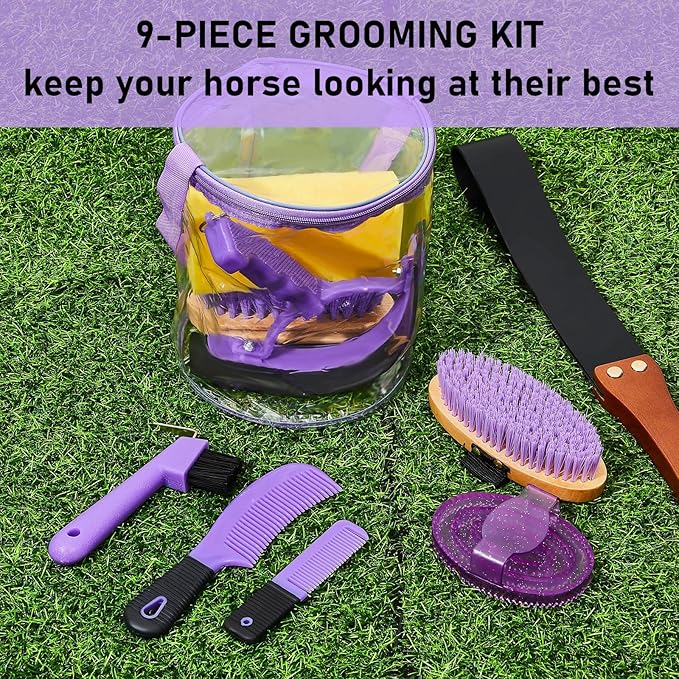 9 Pieces Horse Grooming Kit Tack Room Supplies Set with Organizer Tote Bag, Oval Massage Curry, Hard and Soft Brush, Hoof Pick, Sweat Scraper, Bathing Sponge, Combs for Horse Riders Beginners (Purple)