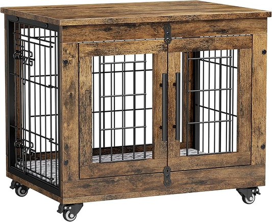 Lulive Small Dog Crate Furniture Set of 2, Dog Kennel Indoor Double Doors Wooden Dog Cage, 27' Heavy Duty Dog Crate with Cushion & Wheels, End Table Pet House Chew-Resistant Up to 30 lb, Rustic Brown