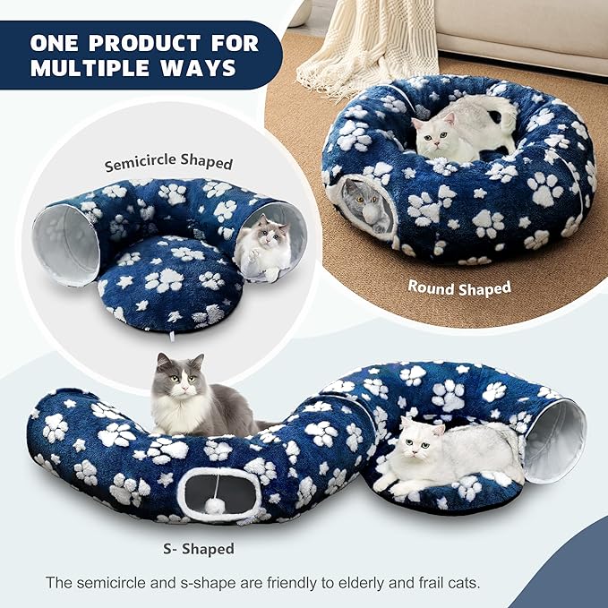 Cat Tunnel for Indoor Cats, Cute Peekaboo Cat Cave with Dangling Balls, Pet Donut Tunnel Bed with Circle Mat for Puppy Kitten Rabbit, Blue Paw