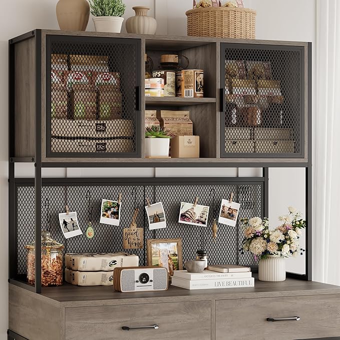 HITHOS 71" Tall Dog Crate Furniture, Indoor Dog Kennel with Hutch, 42" W Dog Cage for Large/Medium Dogs, Wood Dog Crates with 2 Storage Drawers, Heavy Duty Pet House, Ash Grey