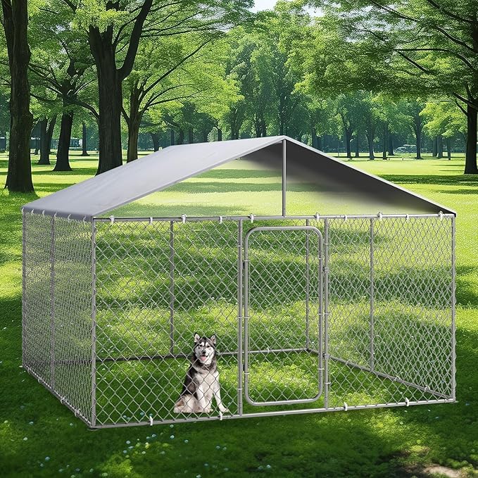 Outdoor Dog Kennel with Cover, Large Dog Run Fence House Big Cage Pen Enclosure, Heavy Duty Dogs Play Cage Pen Kennel (118" L x 118" W x 83" H)