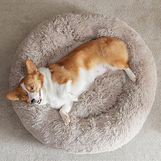 WNPETHOME Calming Dog Beds for Large Dogs, Anti-Anxiety Donut Large Pet Bed, Fluffy Faux Fur Plush Dog Bed，Warming Cozy Soft Round Lagre Dogs Bed for Pet, Cat Cuddler Cushion Bed