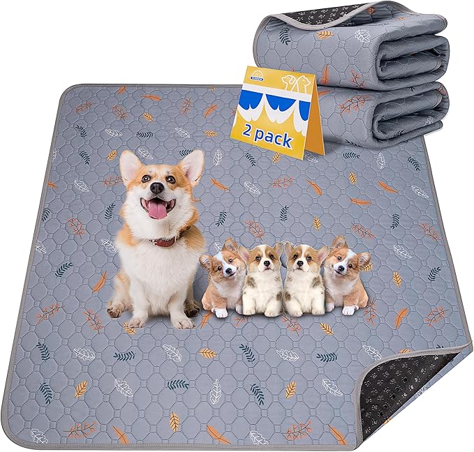 Sunheir Washable Pee Pads for Dogs 2-Pack Reusable Puppy Pads Pet Training Pads, Waterproof Dog Pee Pads for Crate, Whelping Pad, Non-Slip Protects Against Urine Leakage (Leaves - Light Grey, 31x36)
