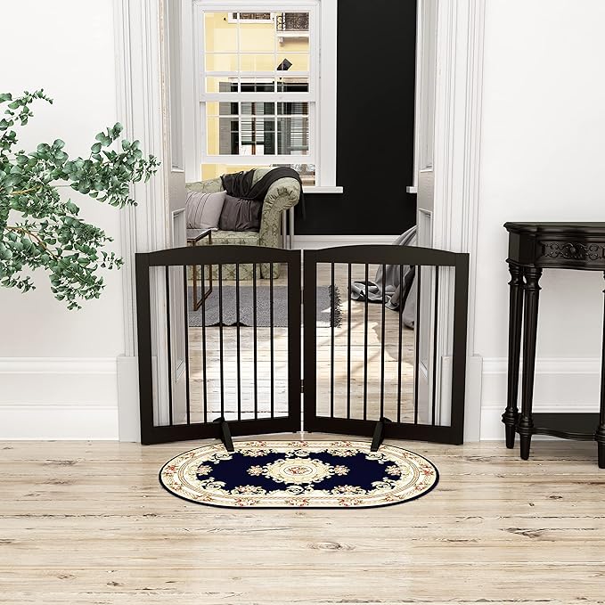 Freestanding Pet Gate for Dogs, Foldable Wooden Dog Gate for House, Indoor Pet Barrier for Stairs, Doorways, Support Feet Included, 24" Height 2 Panels, Brown
