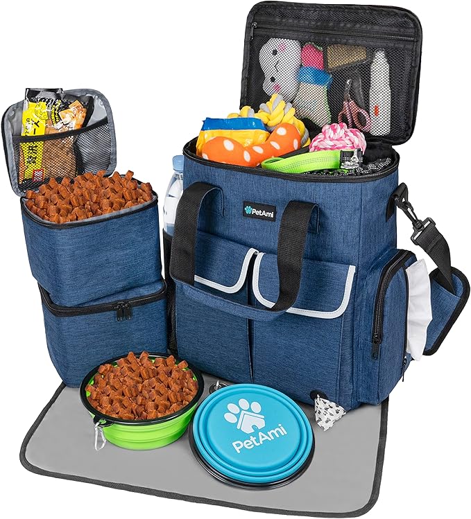 PetAmi Dog Travel Bag Pet Supplies Accessories Organizer for Traveling, Camping, Weekend; Cat Pet Travel Bag Kit Includes 2 Food Storage Containers, 2 Collapsible Bowls, 1 Feeding Mat (Navy Blue)