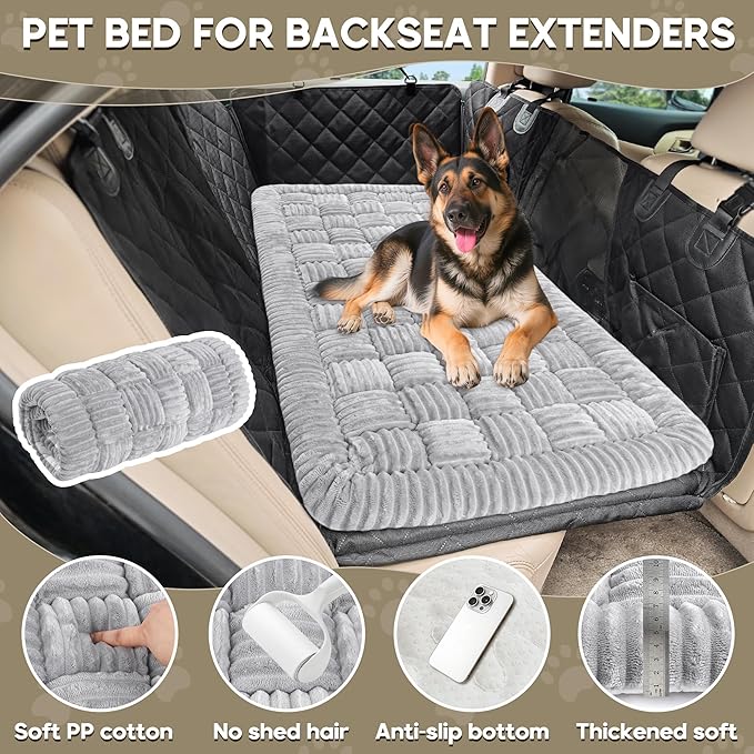 Dog Car Bed Mat, Non-Slip Backseat Extender Pet Blanket, Plaid Dog Bed for Trucks, Sedans & Large SUVs, Chew-Resistant Travel Pad for Dogs, Easy Clean & Scratch-Proof & Comfort（56"x28.7" Light Gray