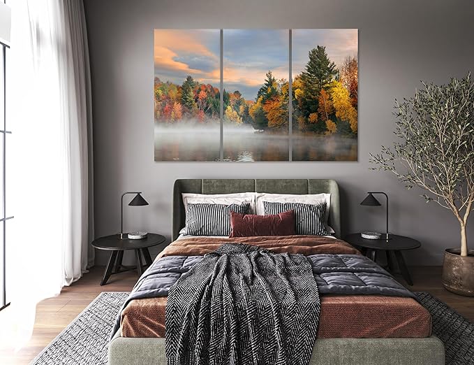 Nature Wall Art Prints - Ocean Forest Mountain Lake Canvas Landscapes - Small to Extra Large Living Room Bedroom Kitchen Bathroom Décor (Misty Fall Reflection, 31L" x 47W" - 3 Panels)