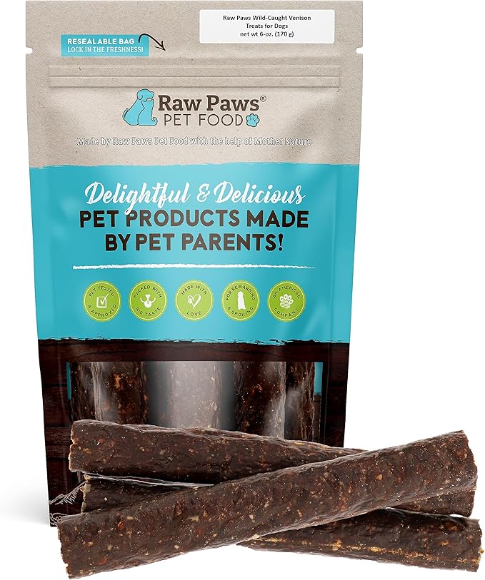 Raw Paws Wild-Caught Venison Dog Treats, 6-oz - Packed in USA - Real Meat Jerky - Single Ingredient Venison for Dogs