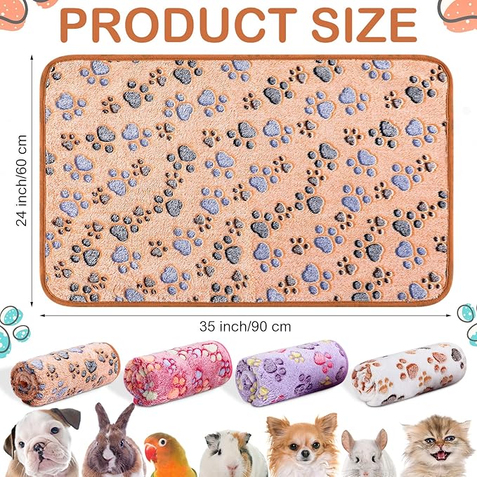 Reginary 4 Pcs Waterproof Guinea Pig Blankets Washable Small Animal Fleece Bedding Absorbent Guinea Pig Cage Liners Reusable Pet Pee Pad Sleep Mat for Hamster Ferret(Paw Print,35 x 24 Inch)
