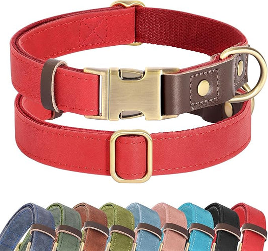 Didog Soft PU Leather Dog Collar for Large Dogs,Classic Adjustable Dog Collars with Quick Release Metal Buckle,Easy Clean and Comfortable with Nylon Lining,Red,L Neck 15-23"