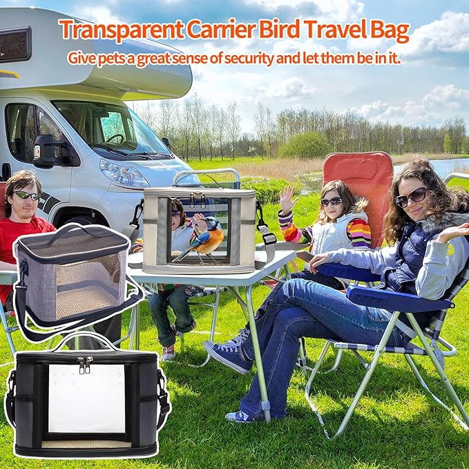 Bird Travel Carrierm, Small Bird Travel Backpack Carrier Cage with Tray and Breathable Clear Window, for Parakeet Cockatiel Budgies, for Camping Hiking (Large-White)