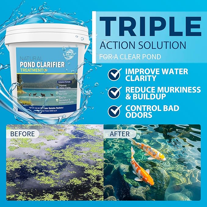 Pond Clarifier Treatment – 36 Packets Natural Pond Water Clear for Outdoor Lakes – Beneficial Enzymes to Improve Water Clarity & Eliminate Odor – Treats Up to 432,000 Sq Ft