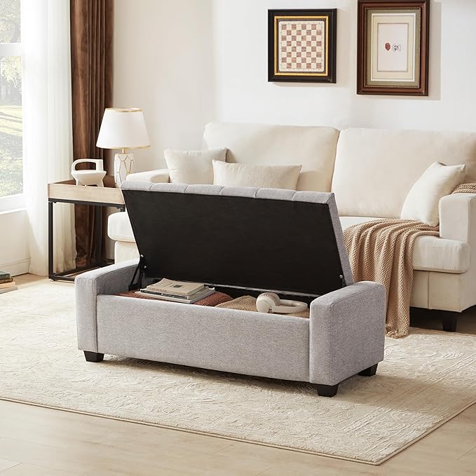 48" Ottoman with Storage, Storage Ottoman Bench with Safety Hinge, Upholstered Entryway Bench with Seating for Bedroom, Living Room, Holds up to 330 lb(Light Gray)