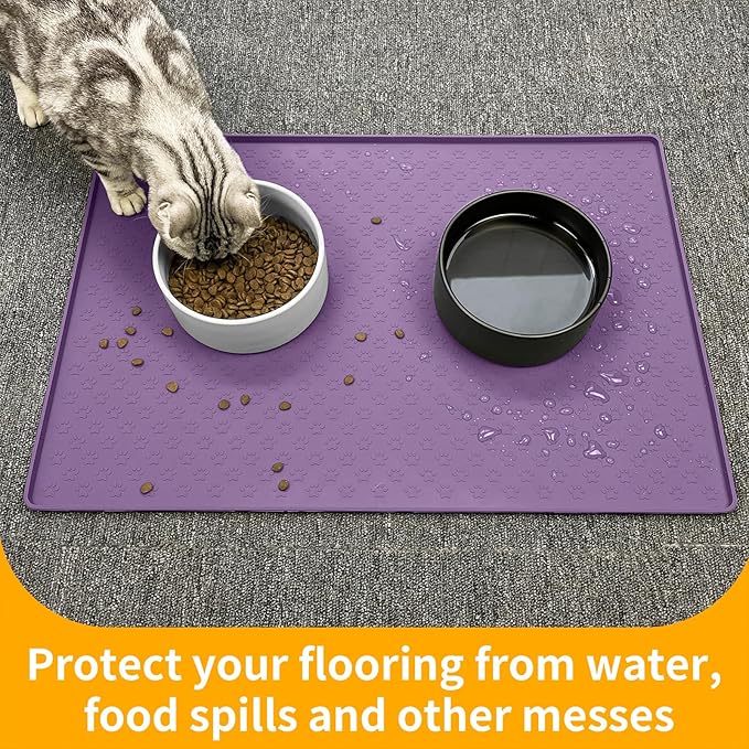 Ptlom Silicone Dog Food Mat Waterproof Pet Feeding Mat with High-Lips, Anti-Slip Dog Bowl Mat for Food & Water, Non-Spill Puppy Feeding Tray for Small, Medium & Large Dogs and Cats, Purple