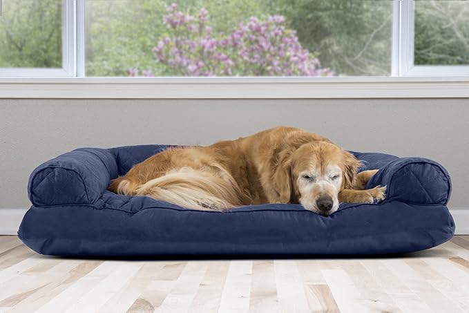 Furhaven Pillow Dog Bed for Large Dogs w/ Removable Bolsters & Washable Cover - Quilted Sofa - Navy (Blue), Jumbo/XL