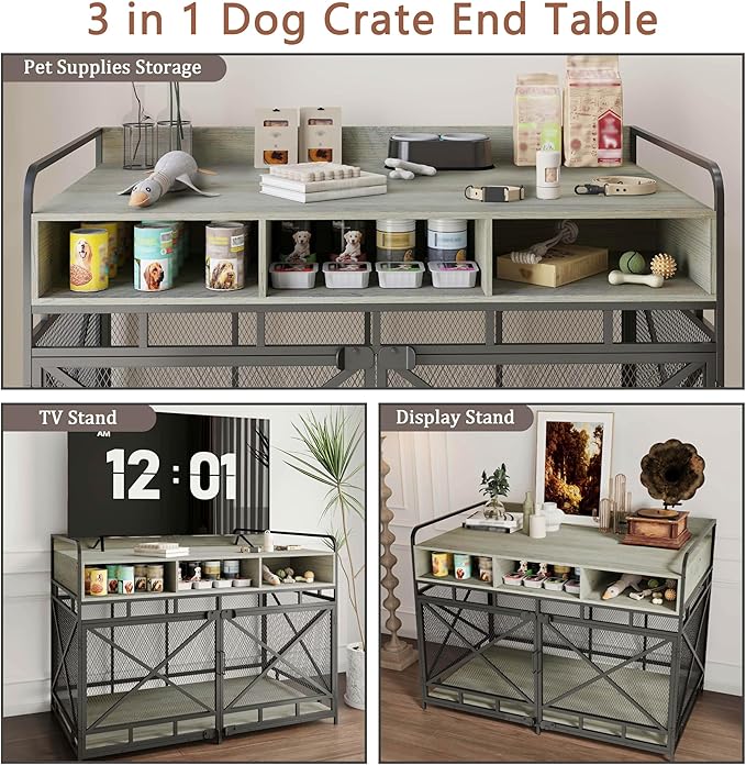 Dog Crate Furniture, 48" Heavy Duty Wooden Dog Crate End Table, XL Dog Kennel Furniture Large Breed, Decorative Dog Kennel Indoor with 3 Drawers & Steel Tubes 48" L x28 W x36 H (Grey)