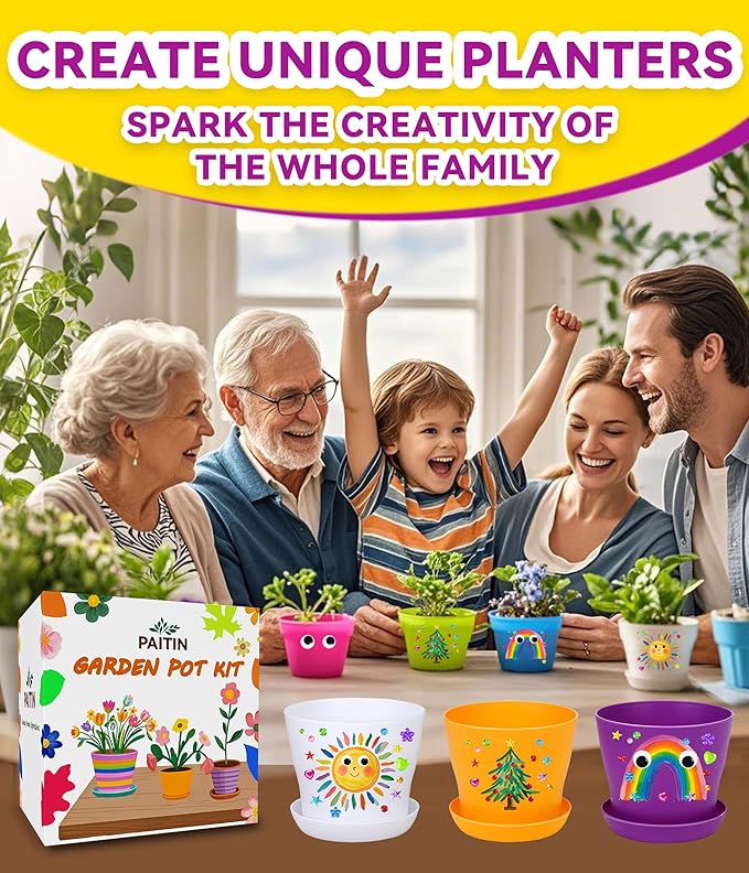 PAITIN Paint & Plant Garden Pot Craft Kit - 4 Inch Plant Pots, Kids Gardening Tools, Labels, Paints, Brushes, Gem & Eye Stickers - Perfect Spring Crafts Gifts for Women & Kids