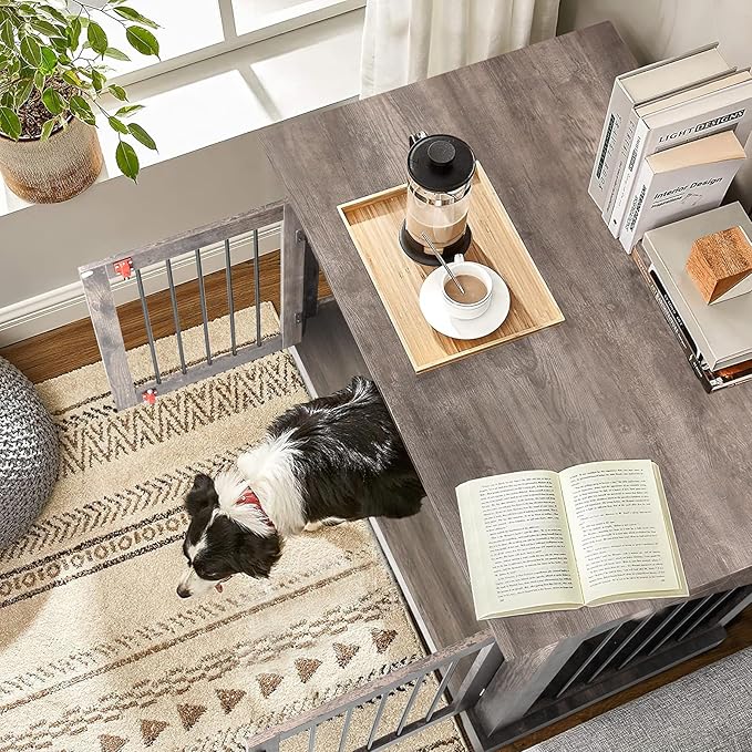 PUKAMI 44inch Dog Crate Furniture with Drawers,Wooden Dog Kennel Furniture for Large Breed,End Table Wood Dog House for Indoor use (Grey)