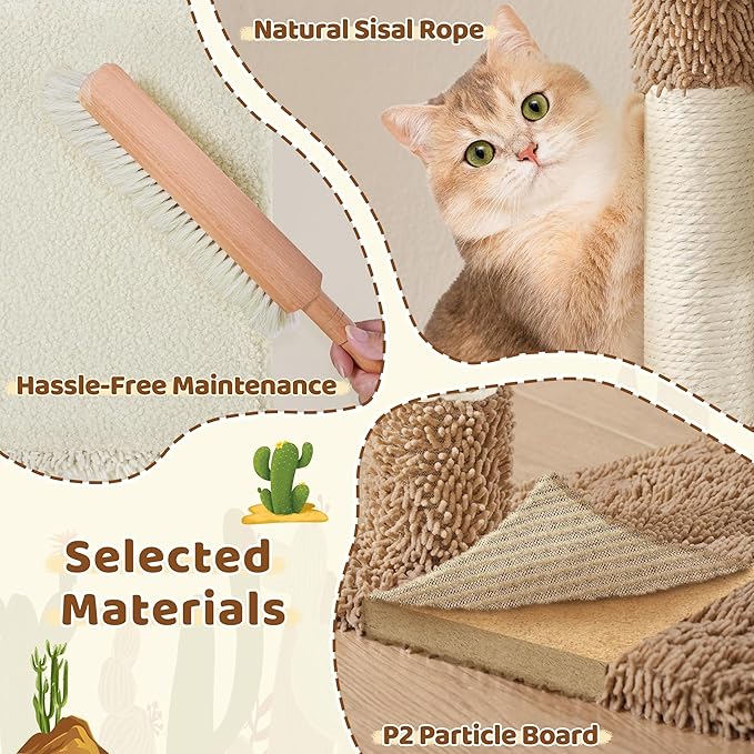 Yaheetech Cactus Cat Tree, 42in Cat Tower for Indoor Cats, Multi Level Kitten Condo Scratching Post, Pet Activity Center Furniture w/Ball, Plush Perch, Platform, Basket, Beige/Brown