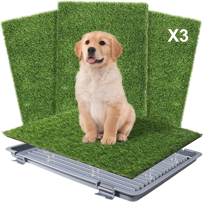 Product Image Dog Grass Pad with Tray: 3 Pack Grass Pee Pads for Dogs Potty for Puppy Training, Artificial Turf for Dogs with Collection Tray for Indoor /Outdoor /Patio /Balcony, 22"x18" Grey