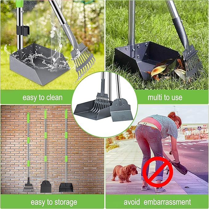 Niubya Pooper Scooper for Dogs, Metal Poop Scooper Tray Spade and Rake Set, Poop Scoop with Adjustable Long Handle, Dog Pooper Scooper for Pet Waste Removal