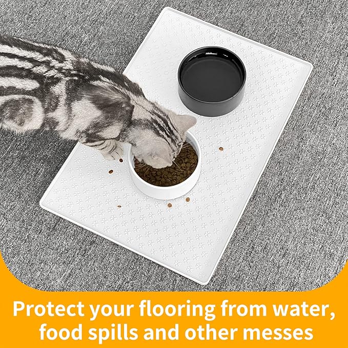 Ptlom Pet Placemat for Dog and Cat, Waterproof Silicone Pet Feeding Bowl Mats for Food and Water, Small Medium Large Dogs Mat Prevent Residues from Spilling to Floor, White, 18" 12"