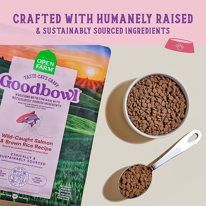Open Farm Goodbowl, Protein Rich Dry Cat Food Made from Meticulously Sourced Simple Ingredients, Wild-Caught Salmon & Brown Rice Recipe, 3lb Bag (48oz Bag)