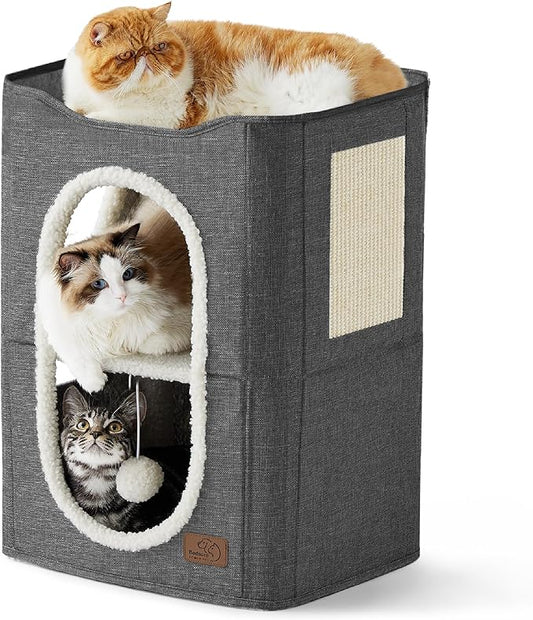 Bedsure 2 Story Cat House - Cat Condos for Indoor Cats with Scratch Pad and Fluffy Ball Hanging, Small Pet Cave Furniture Hideaway for Multi Pets, 18x14x23 inches, Dark Grey