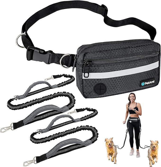 PetAmi Hands Free Dog Leash, Dog Running Leash Belt for Walking Jogging, Dog Waist Zipper Pouch Fanny Pack with Poop Bag Dispenser, Dual Padded Handle Bungee Leash for Small Medium Large Dogs, Double