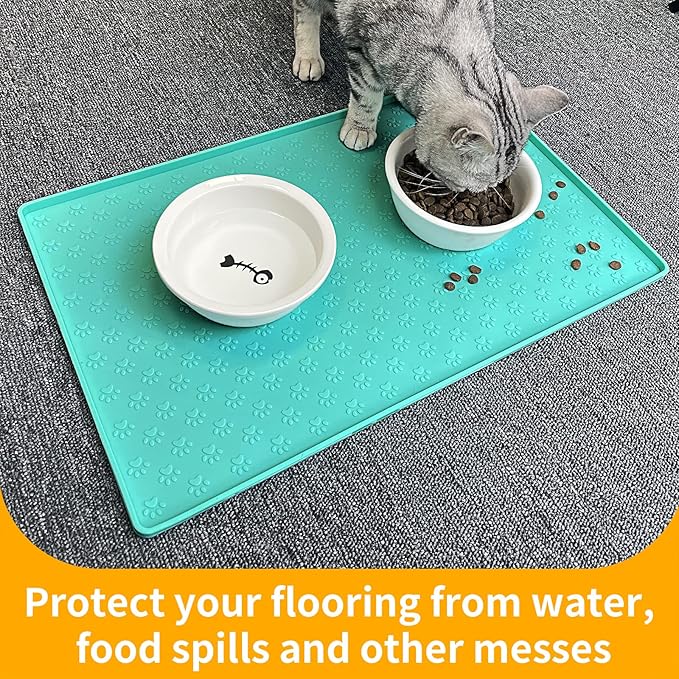 Ptlom Silicone Pet Placemat for Dog and Cat, Waterproof Non-Slip Pet Feeding Bowl Mats for Food and Water, Small Medium Large Dogs Mat Prevent Residues from Spilling to Floor, Green, 24.5" 16.5"