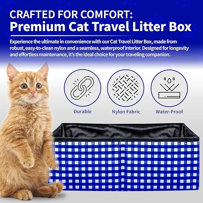 Pet Fit For Life - Vibrant Collapsible Travel Cat Litter Box - Portable, Foldable, Compact Design with Bonus Water Bowl - Ideal for Car & Camping - Reusable, Cats Safe - Blue, (16"x12"x5")