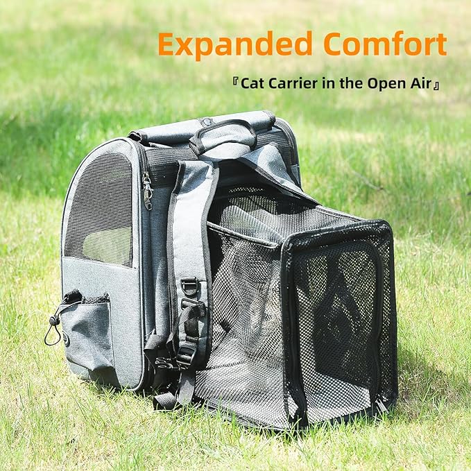 Hoopet Expandable Cat Backpack Carrier – Breathable Pet Carrier for Small Cats & Dogs, Foldable Travel Backpack with Mesh Ventilation for Hiking, Walking, Camping, Light Grey