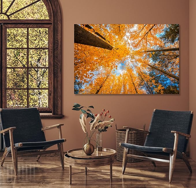 Nature Wall Art Prints - Ocean Forest Mountain Lake Canvas Landscapes - Small to Extra Large Living Room Bedroom Kitchen Bathroom Décor (Blue Sky Through Yellow Autumn Trees, 28L" x 41W")
