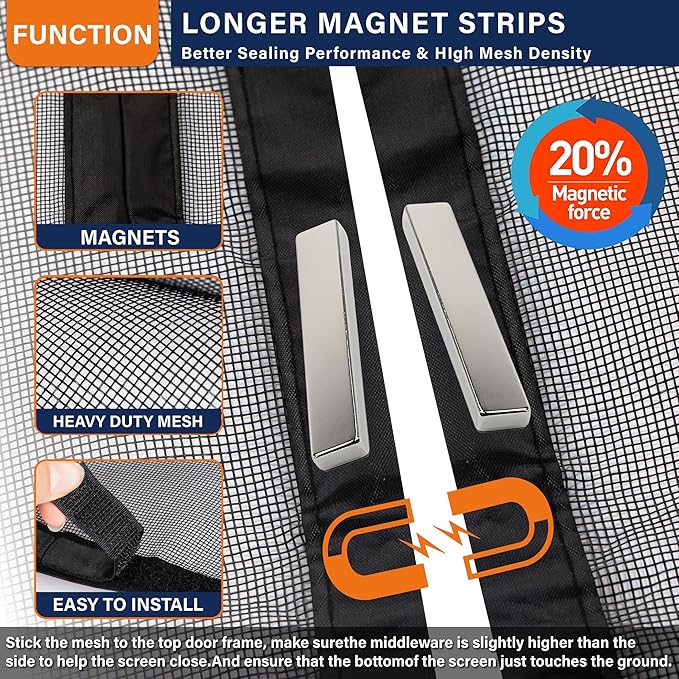 Magnetic Screen Door，Fiberglass Screen Door Mesh，Keep Bugs Out, Heavy-Duty Mesh Curtain,Pet and Kid Friendly, Works with Front Doors, Sliding Doors（32x80 Inch Fiberglass