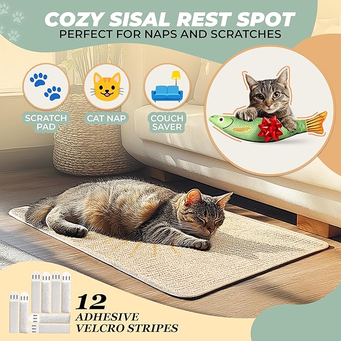 Sisal Scratcher, [+ Catnip Fish Toy], Cat Wall Scratcher, Couch Protector from Cat Scratching, Scratching Mat- 24 X 15.8 with 12 Adhesive Stripes. (The Sun)
