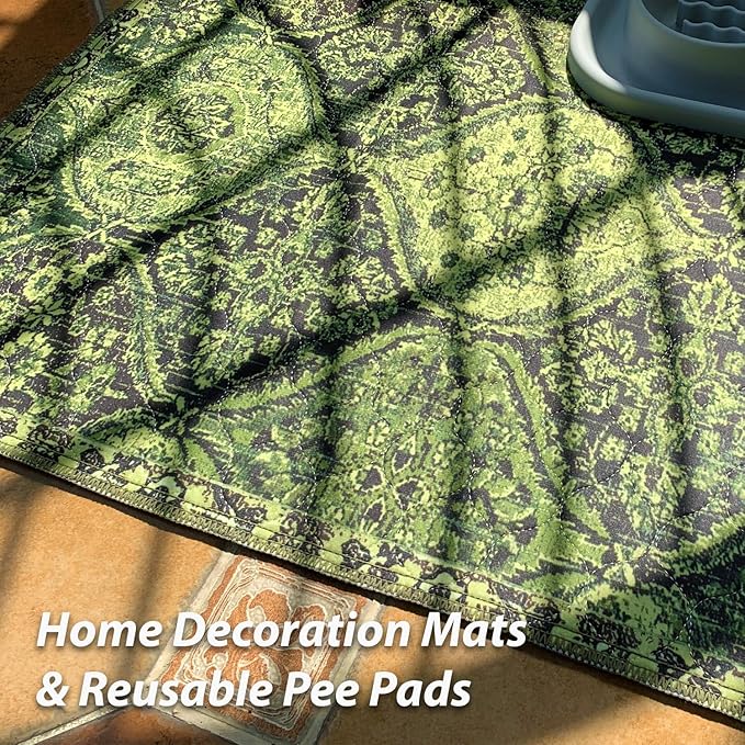 nunubaby Washable Pee Pads for Dogs, Stylish, Non-Slip and Leak-Proof Pee Pads. Reusable Potty Pads for Dogs for Crates and Floors.(Green/Multi, 24" x36")