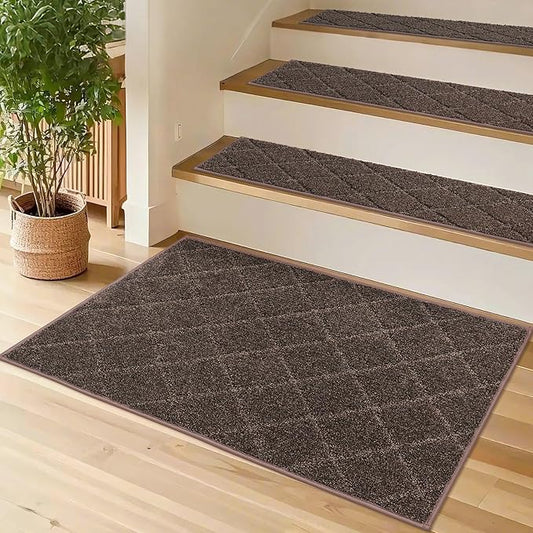 COSY HOMEER Edging Stair Treads Non-Slip Corner Indoor Stair Runners for Wooden Steps,Landing Slip Resistant Stair Rugs for Kids and Dogs, 100% Polyester TPE Backing,Brown,20"X32"