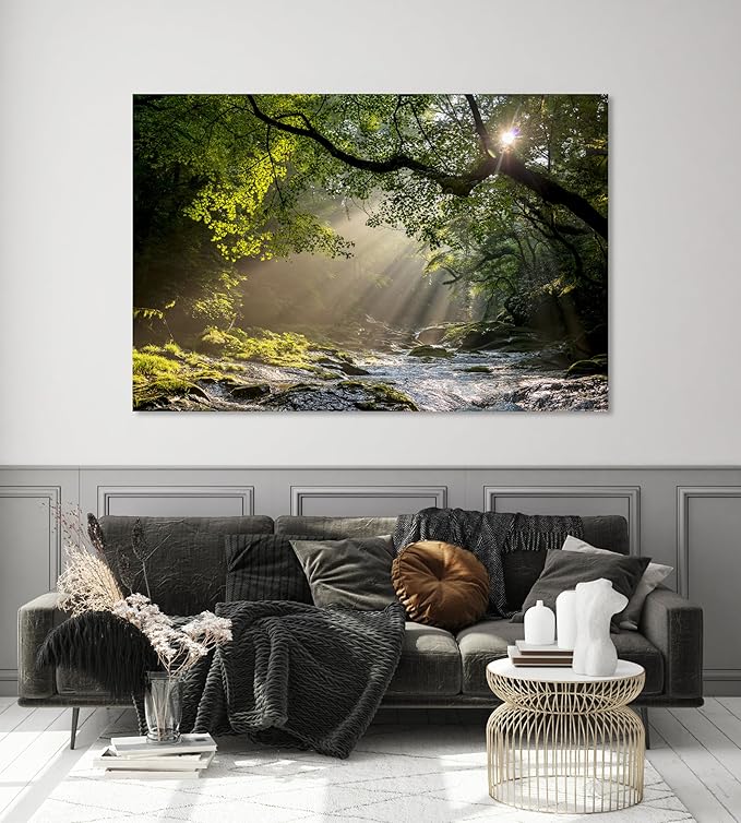 Nature Wall Art Prints - Ocean Forest Mountain Lake Canvas Landscapes - Small to Extra Large Living Room Bedroom Kitchen Bathroom Décor (Rocky River in the Woods, 31L" x 47W")