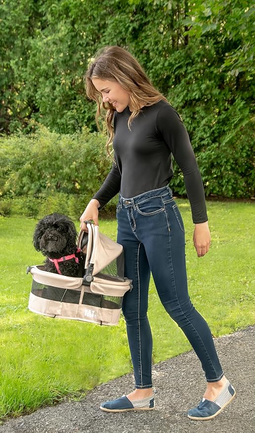 Pet Gear No-Zip View 360 Ultra Lite Pet Safety Carrier & Car Seat for Small Dogs & Cats Push Button Entry, 15", Sand,View 360 Ultra Light 15-inch,Sand